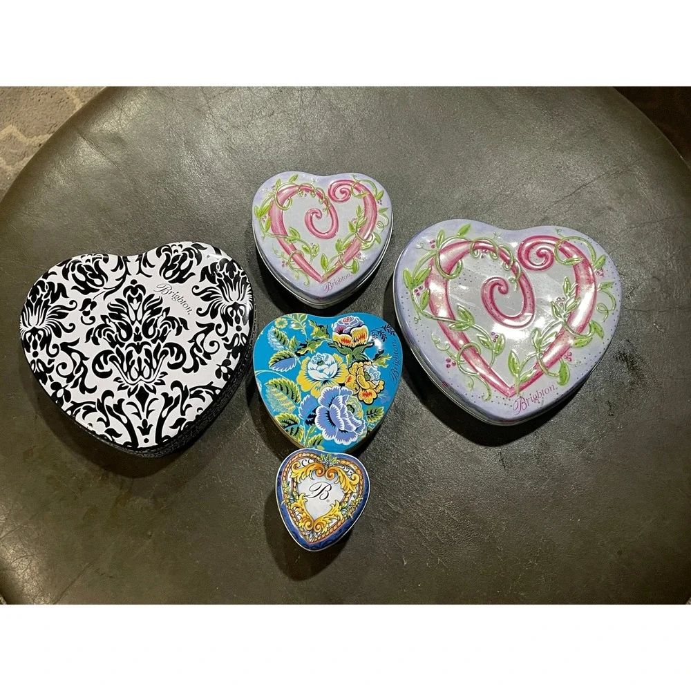 Brighton Heart Shaped Tin Jewelry Boxes Lot 5 Decorative Storage Keepsake